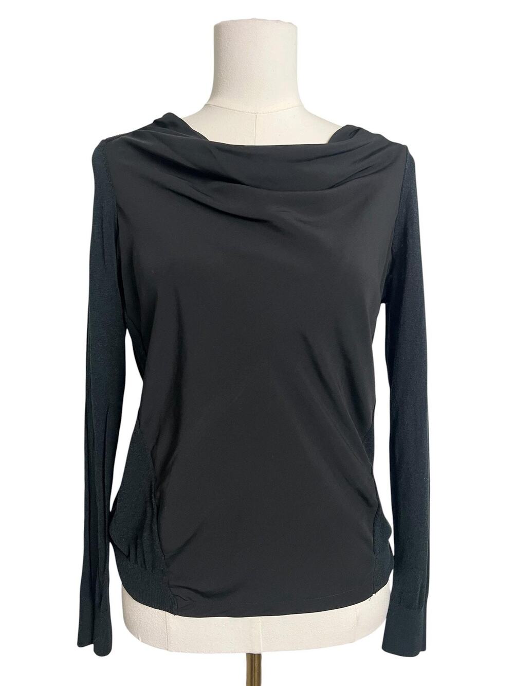 Esprit Black Draped Blouse Small Cowl Neck Career Office Stretch Knit Top Zipper